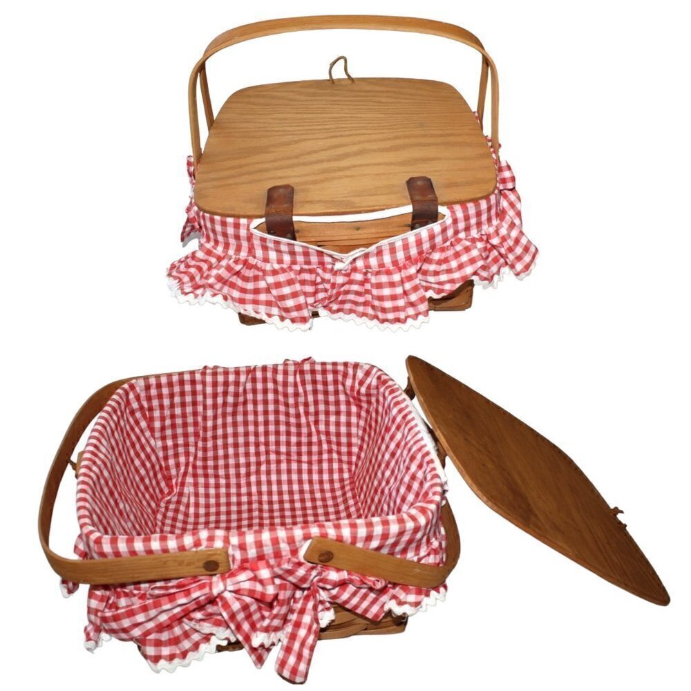 Vtg 1988 LONGARBERGER Handwoven Picnic Basket Red & White Gingham Ruffle Liner